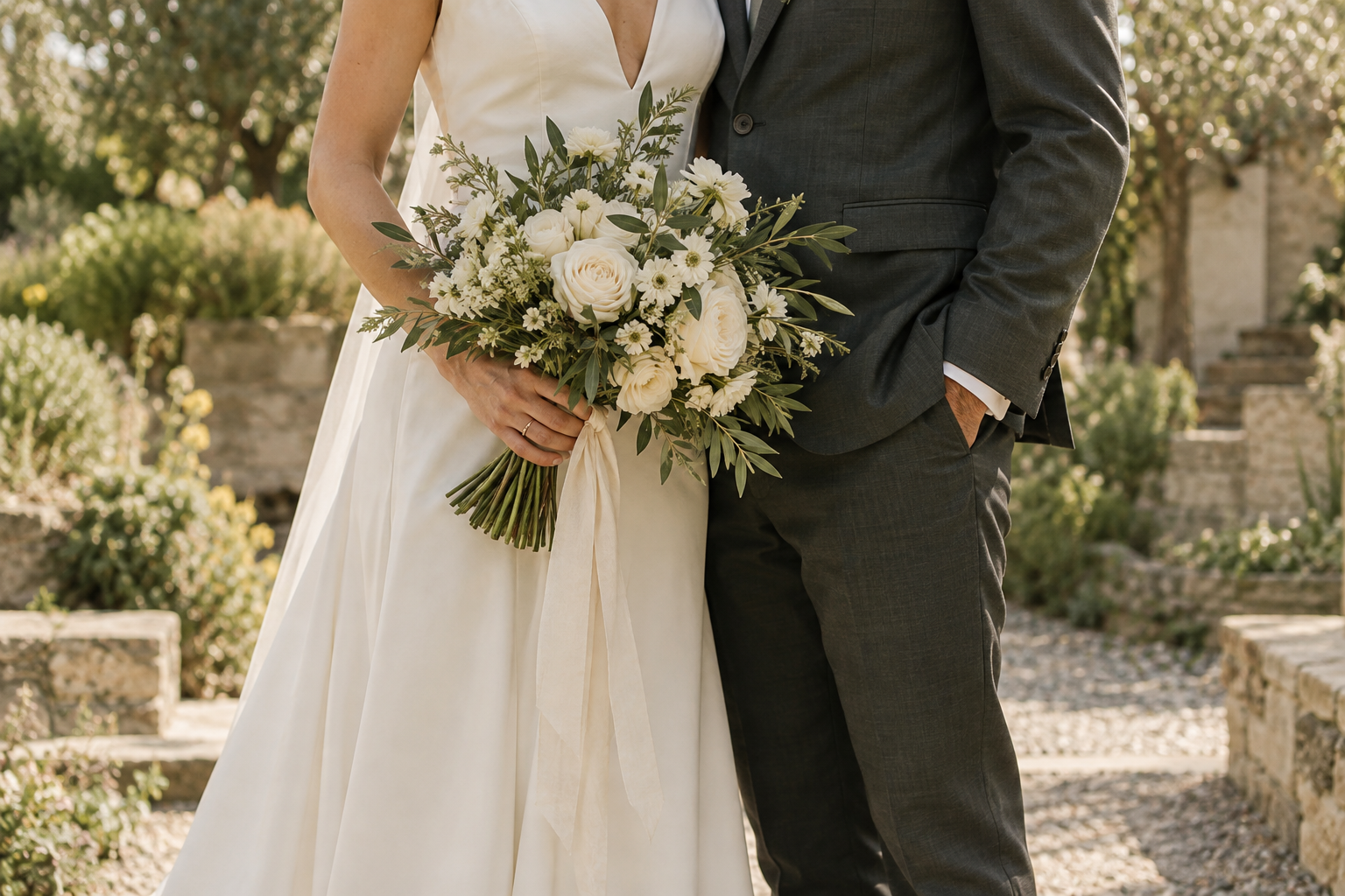 AI-generated scene: A bridal bouquet held beside a groom, with both figures cropped below the neck