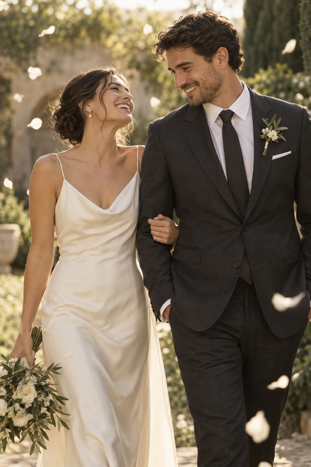 AI-generated scene: Newlyweds laughing together as ivory petals fall