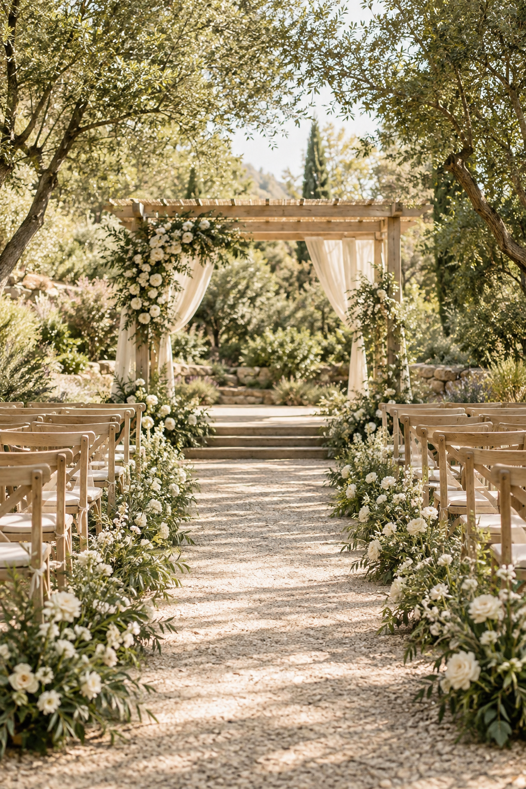 AI-generated scene: An empty garden wedding aisle leading to a floral gazebo