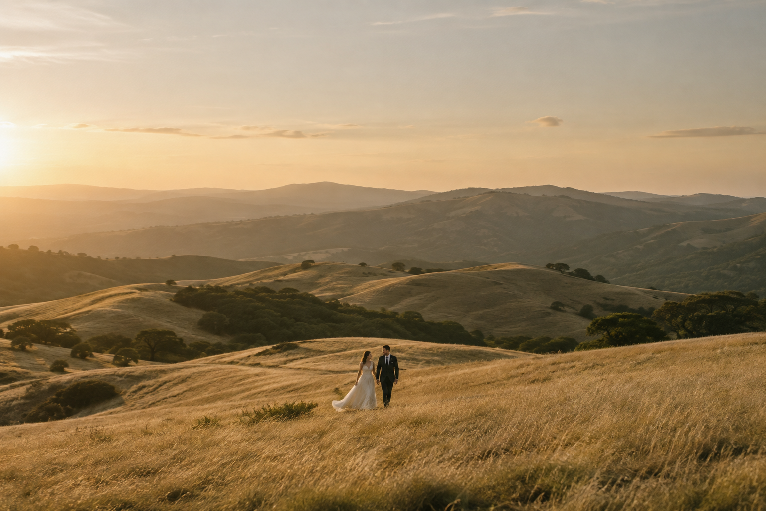 AI-generated scene: A wedding couple walking across rolling golden hills