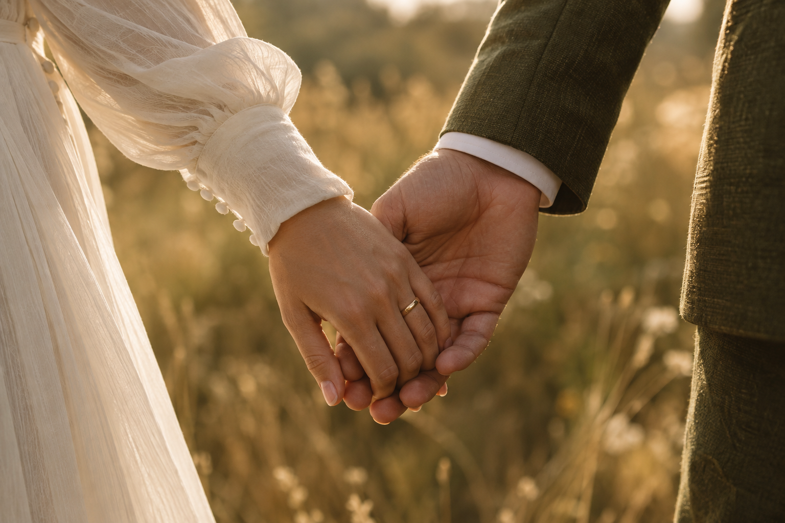 AI-generated scene: A close-up of two newlyweds holding hands