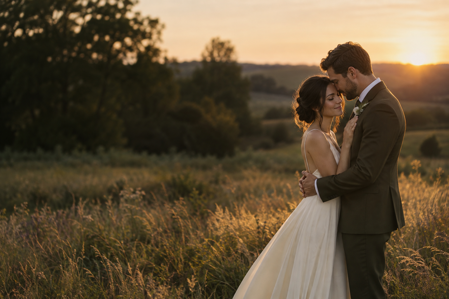 AI-generated scene: Newlyweds embracing in a golden meadow at sunset