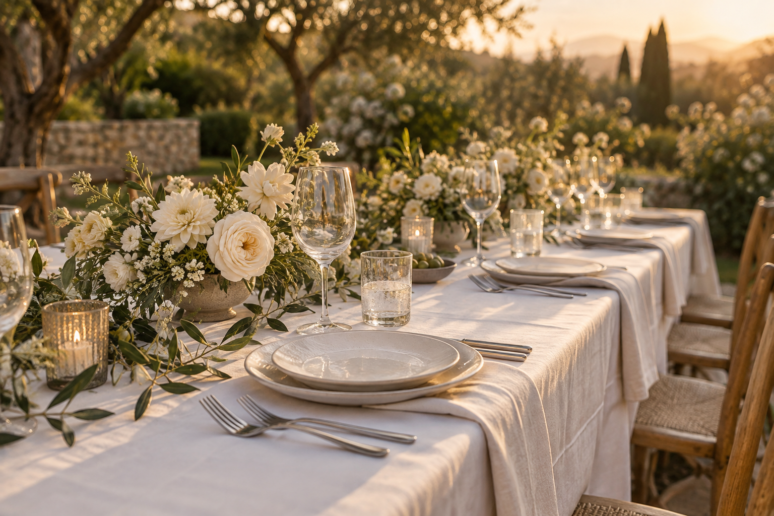 AI-generated scene: A wedding reception table with flowers, linen, and glassware