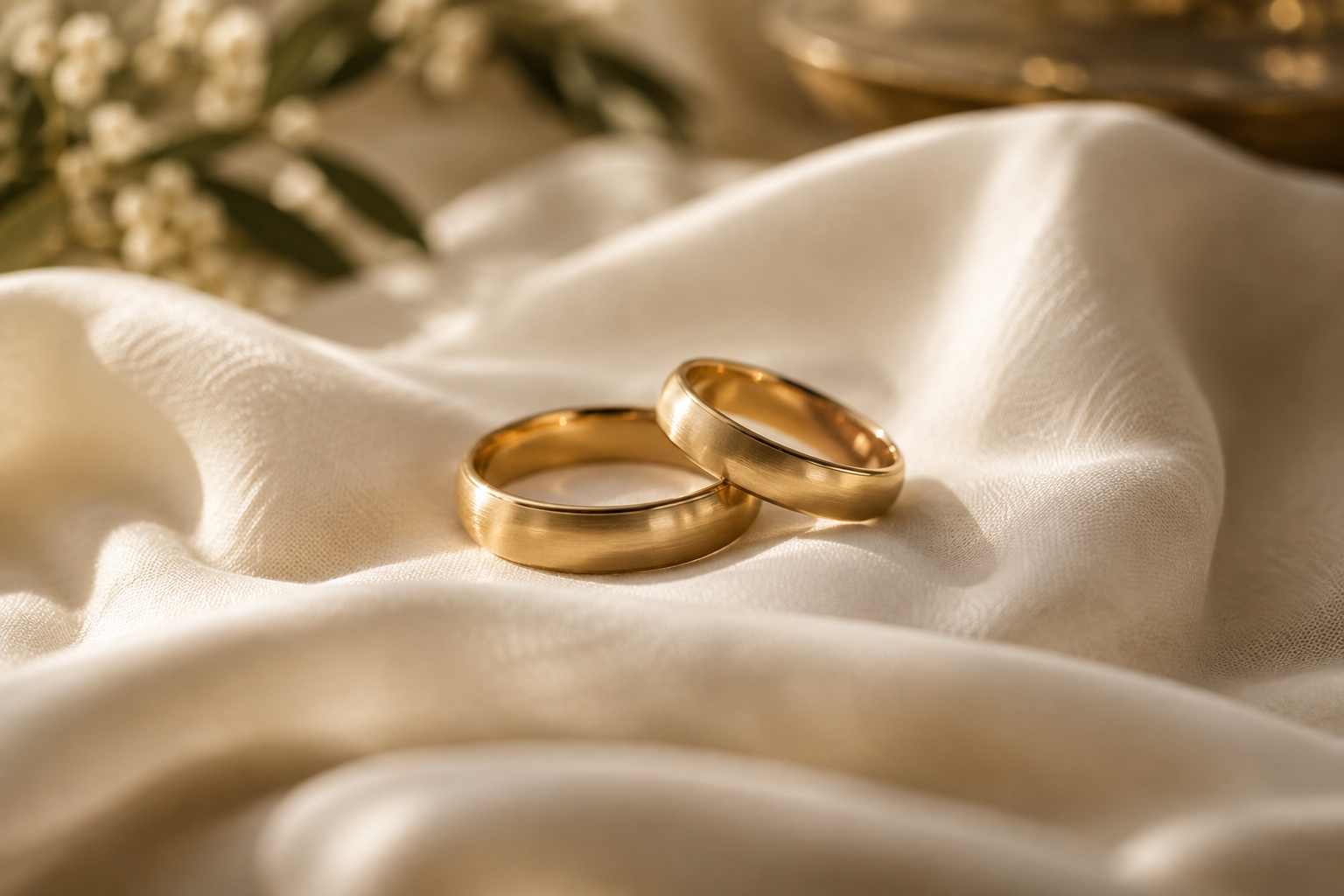 AI-generated scene: Two plain gold wedding bands on ivory silk