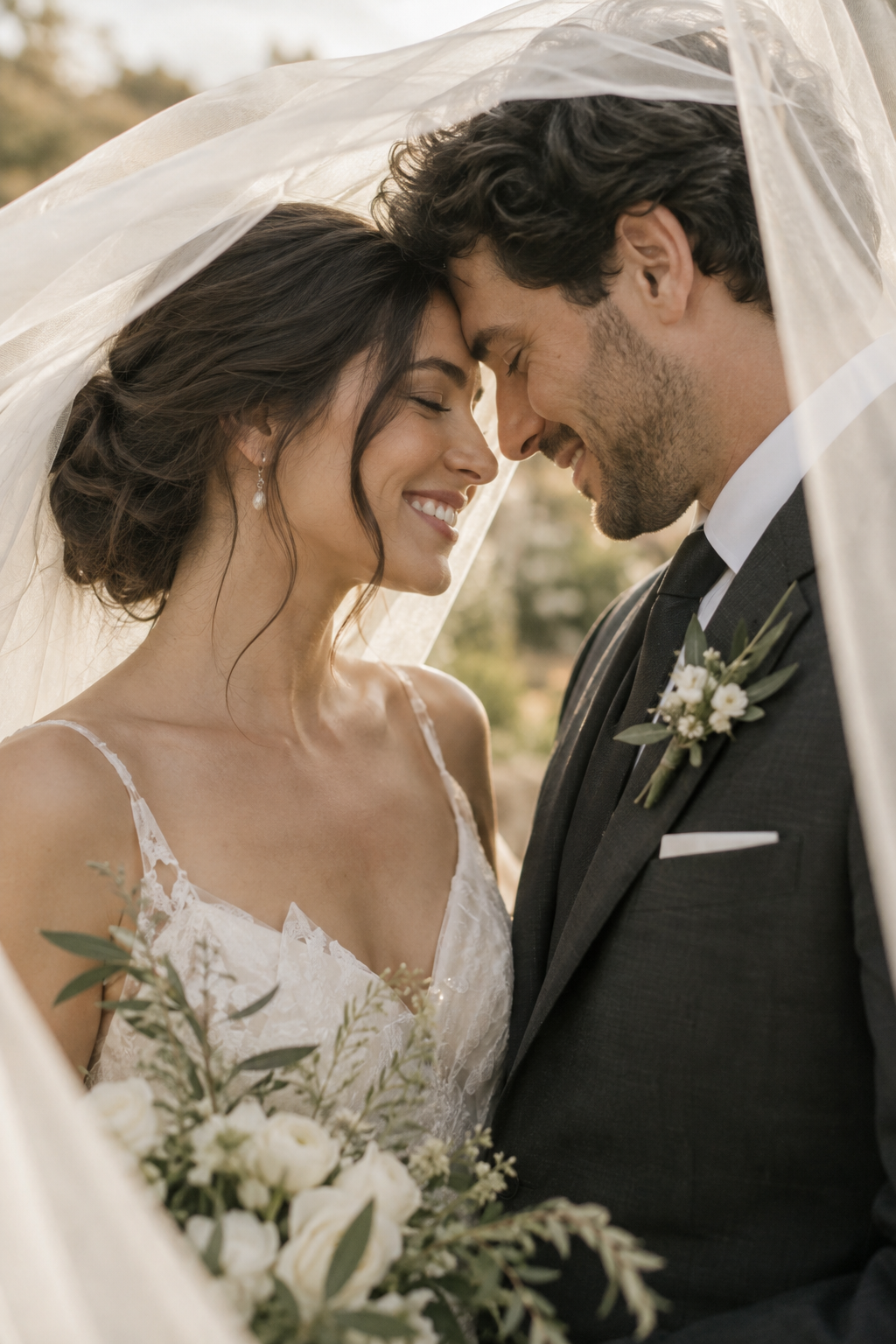 AI-generated scene: A bride and groom touching foreheads beneath a translucent veil